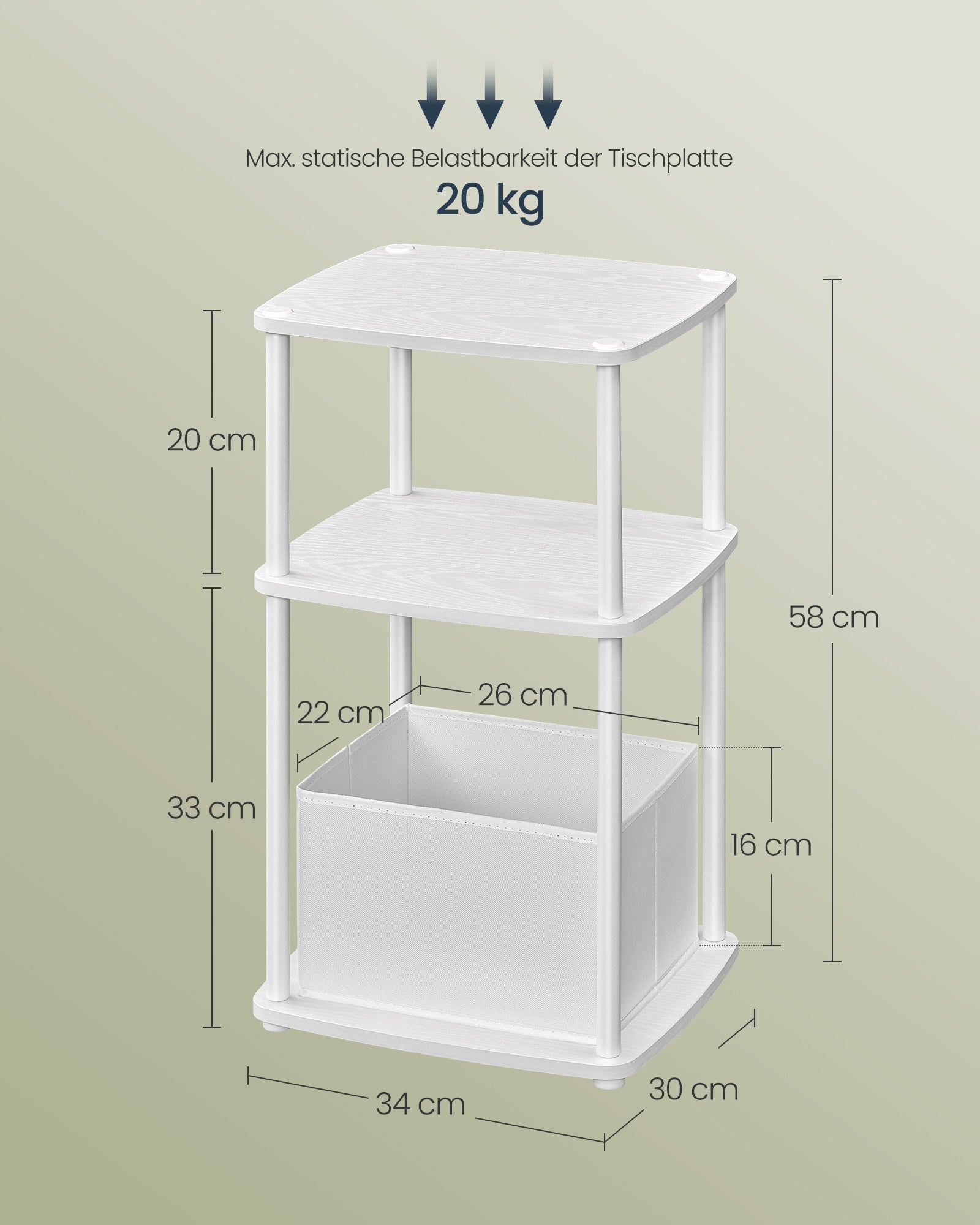 Bijzettafel met 3 planken – 30 x 34 x 58 cm, sneeuwwit