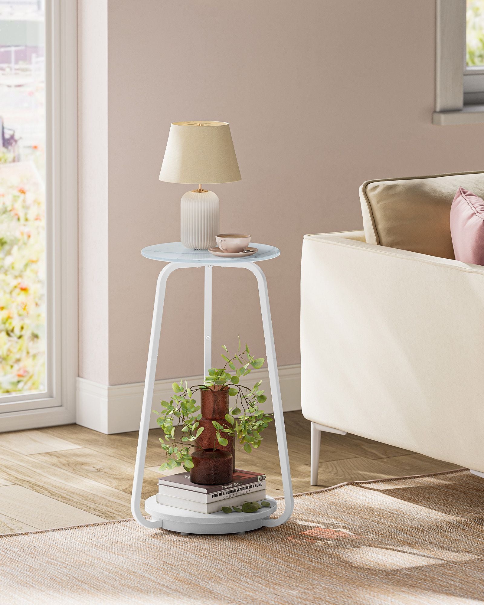 Bijzettafel rond – Met 2 open planken – Glazen blad – Stalen poten