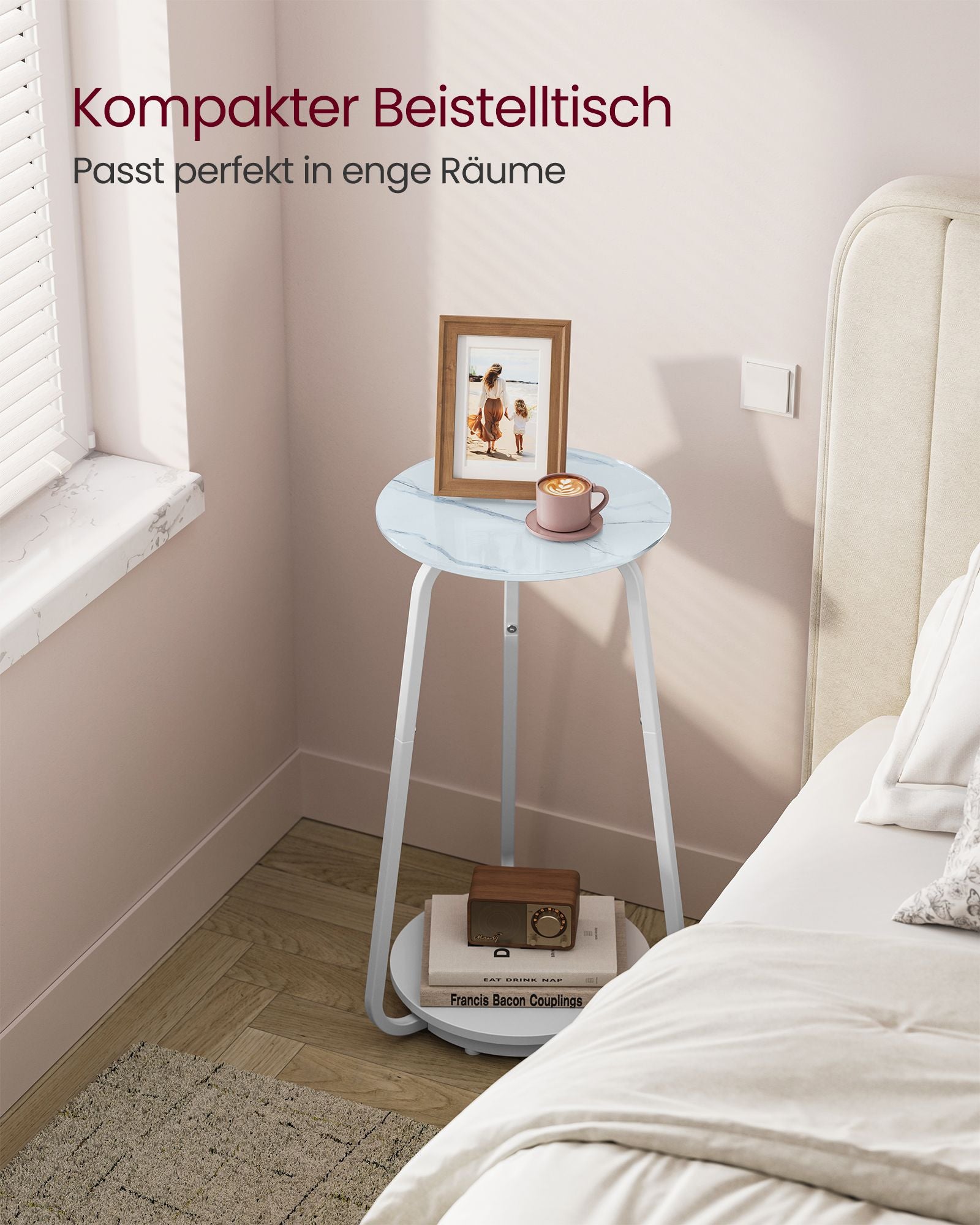 Bijzettafel rond – Met 2 open planken – Glazen blad – Stalen poten