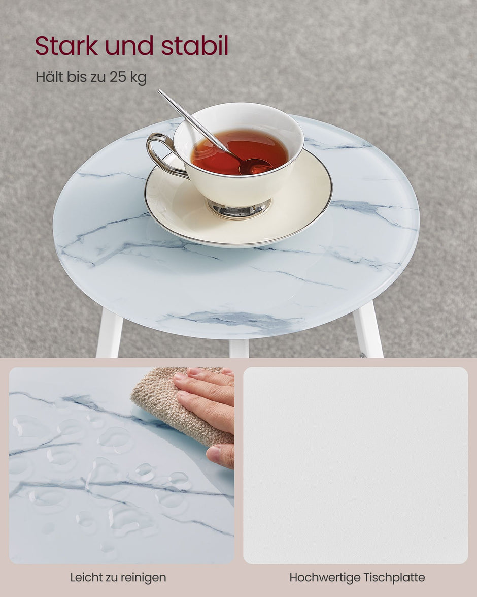 Bijzettafel rond – Met 2 open planken – Glazen blad – Stalen poten