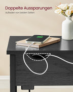 Bijzettafel met stopcontact en USB-poorten – zwart met houtnerf