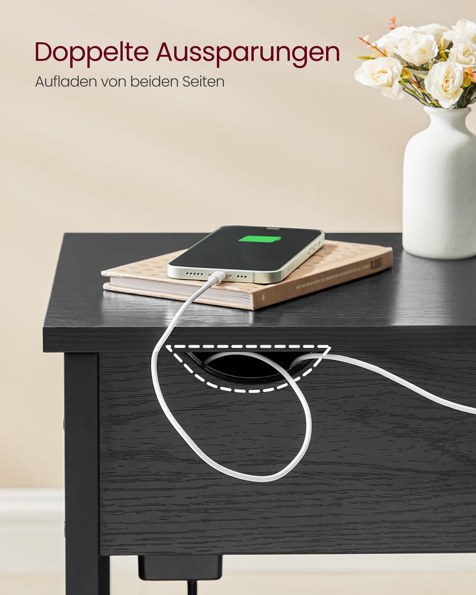 Bijzettafel met stopcontact en USB-poorten – zwart met houtnerf