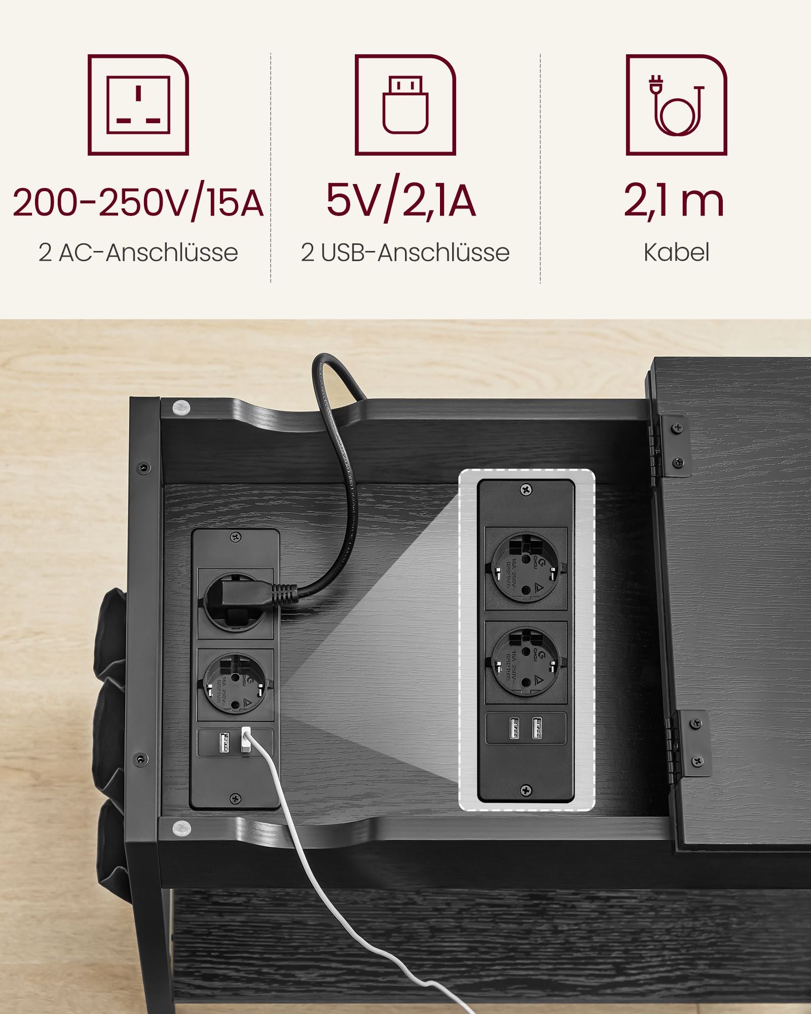 Bijzettafel met stopcontact en USB-poorten – zwart met houtnerf