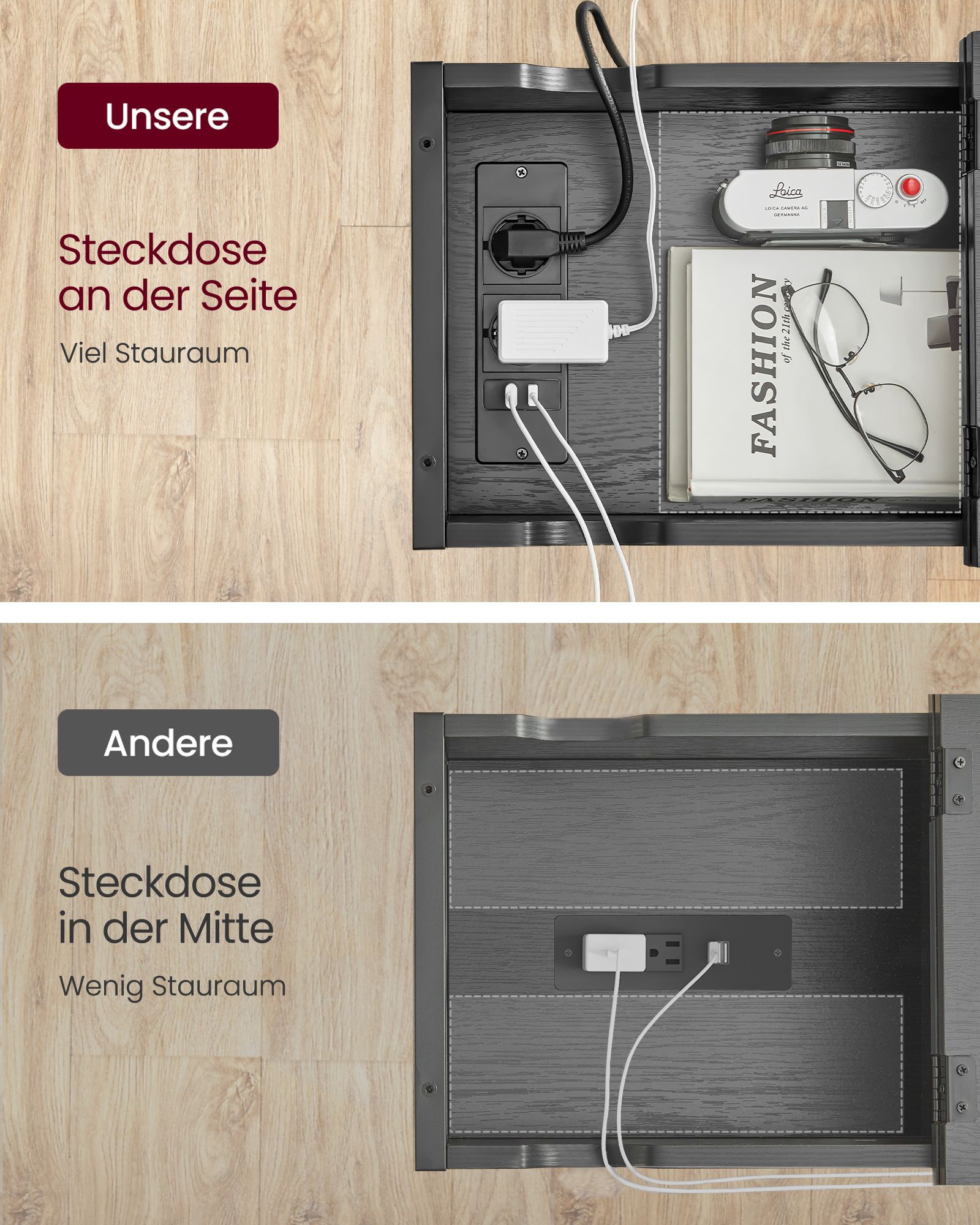 Bijzettafel met stopcontact en USB-poorten – zwart met houtnerf