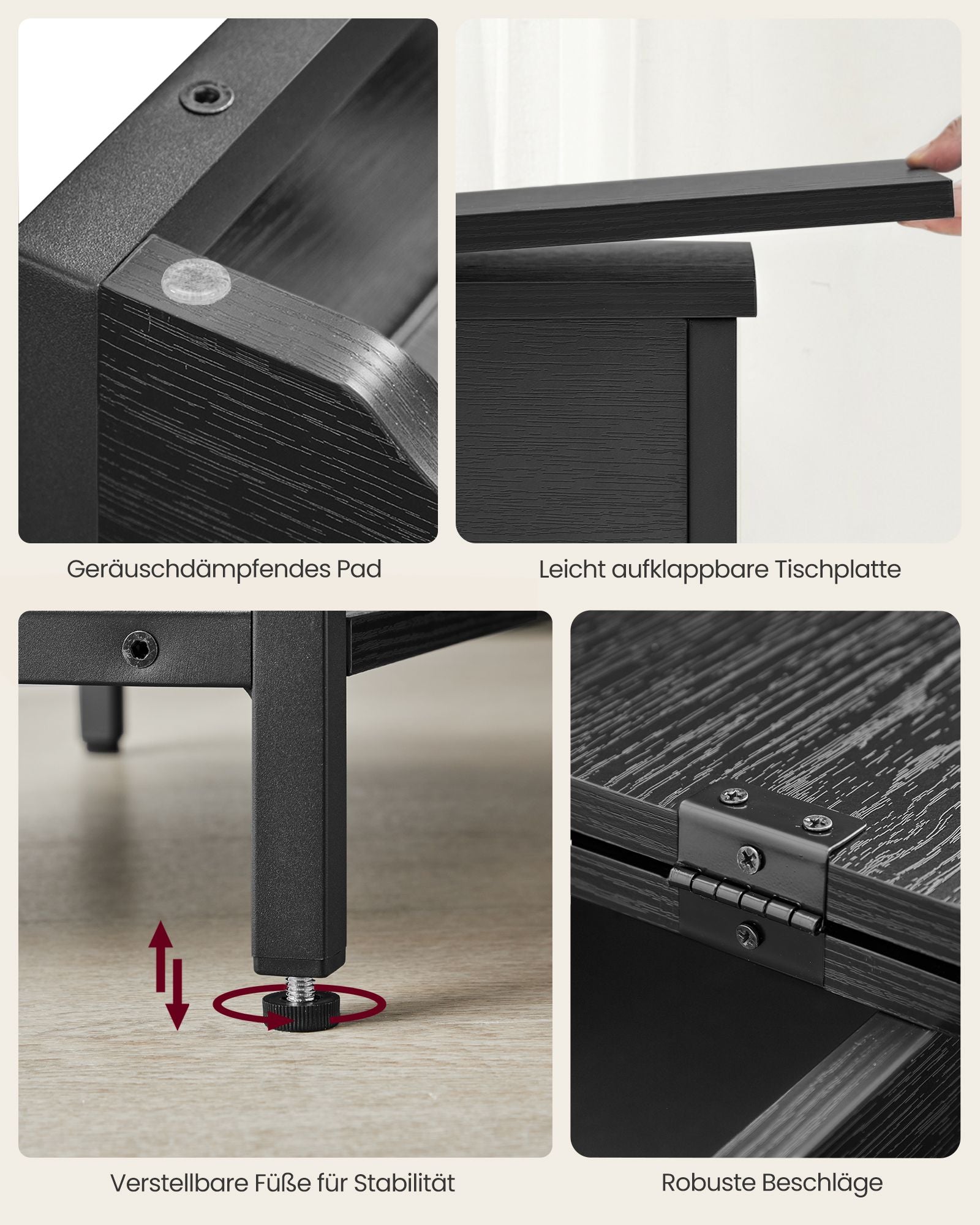 Bijzettafel met stopcontact en USB-poorten – zwart met houtnerf