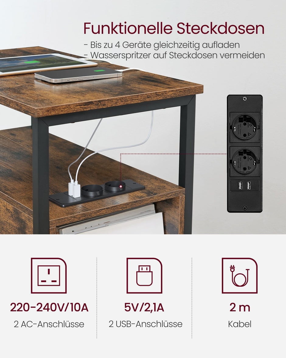 Nachtkastje met 2 lades en 2 open planken – Ingebouwde stekkerdoos en USB-poorten