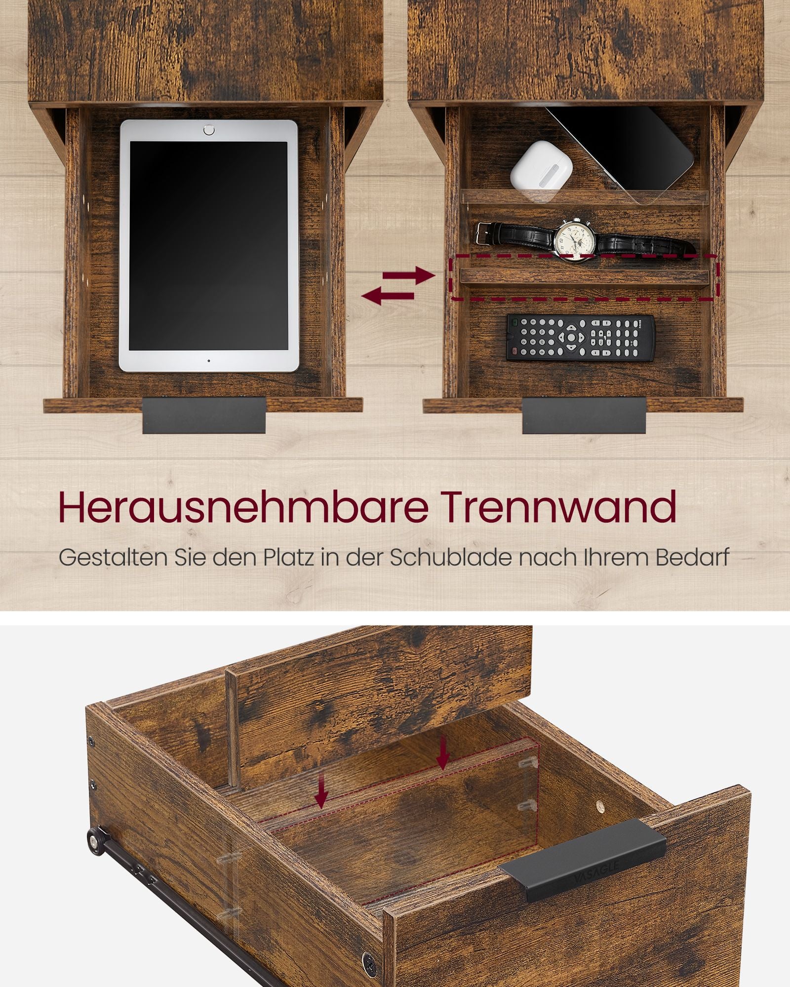 Nachtkastje met Lade – Modern Design – Vintage bruin en zwart