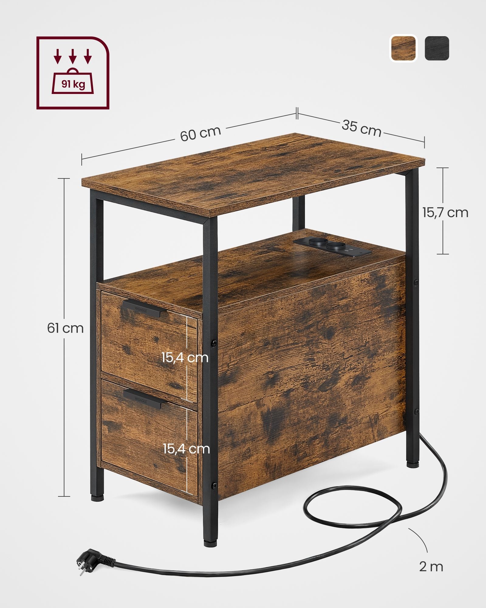 Nachtkastje met Lade – Modern Design – Vintage bruin en zwart