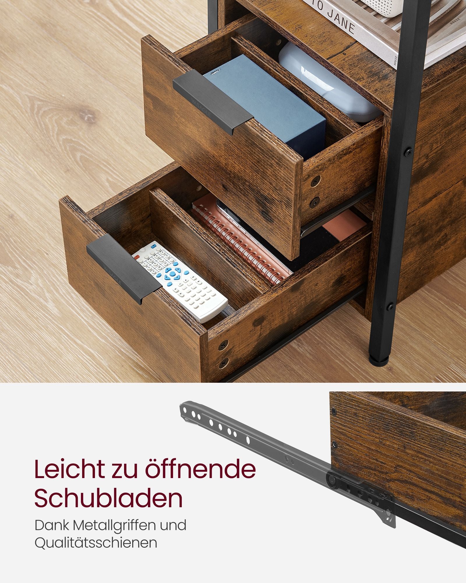 Nachtkastje met Lade – Modern Design – Vintage bruin en zwart