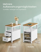 Smalle bijzettafel met stekkerdoos in walnootbruin-wit