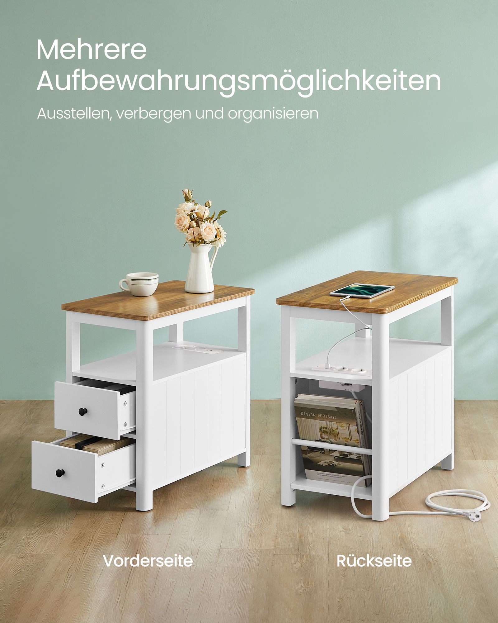 Smalle bijzettafel met stekkerdoos in walnootbruin-wit