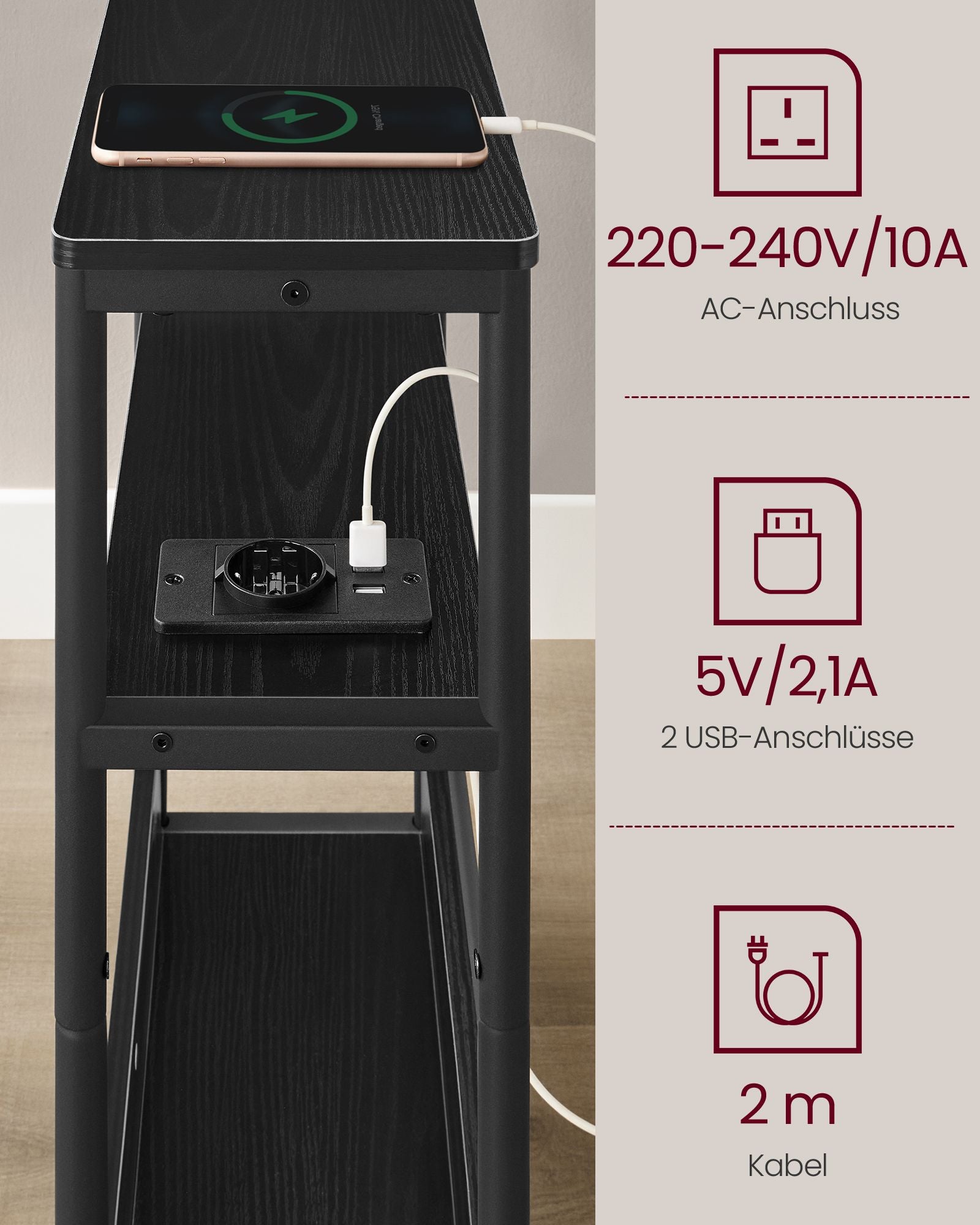 Bijzettafel smal – Met 2× USB-poorten – 1× stopcontact – Staal en spaanplaat