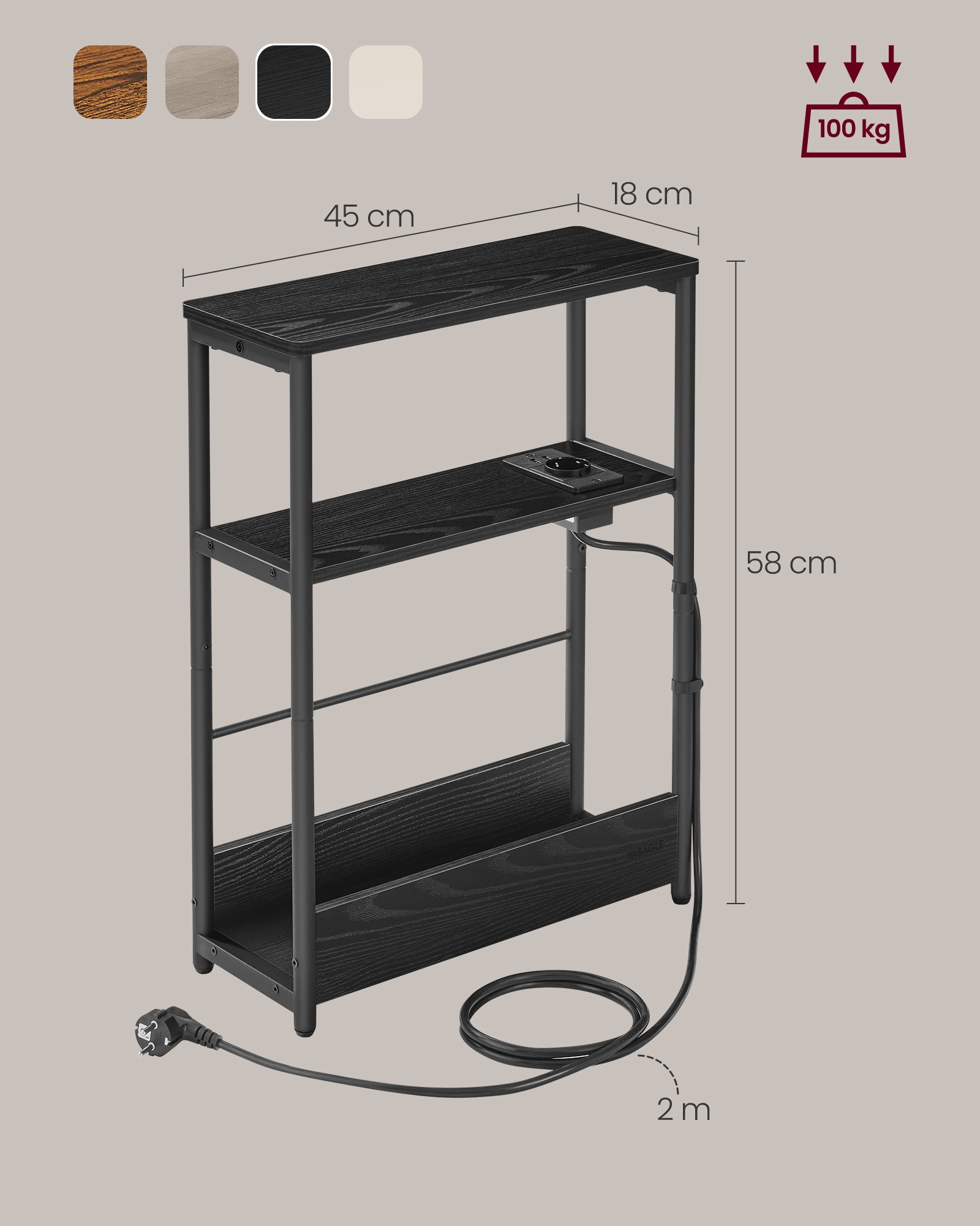 Bijzettafel – met 3 planken – smal – ebbenhout zwart & inktzwart