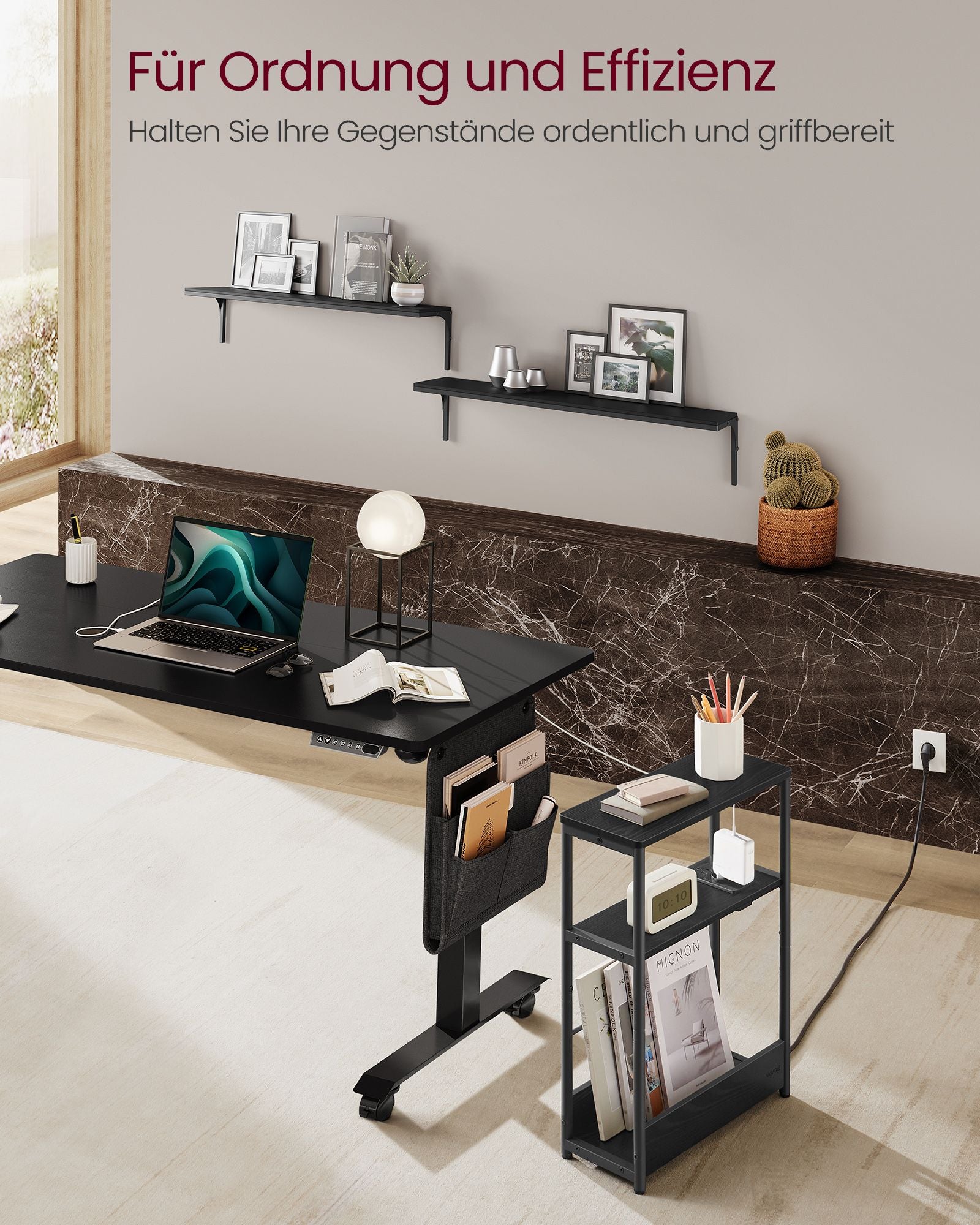 Bijzettafel – met 3 planken – smal – ebbenhout zwart & inktzwart