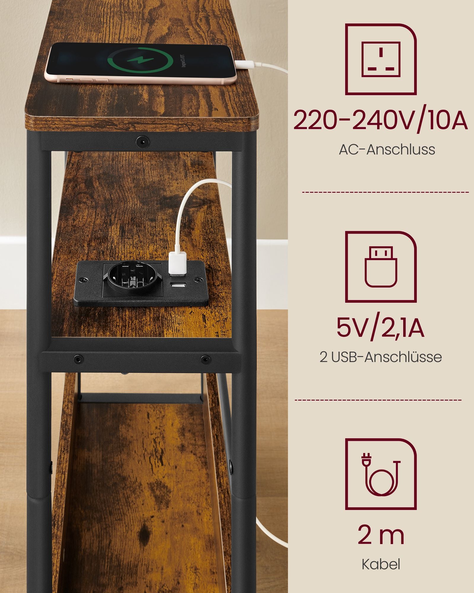 Bijzettafel – met 3 planken – smal – vintage bruin-inktzwart
