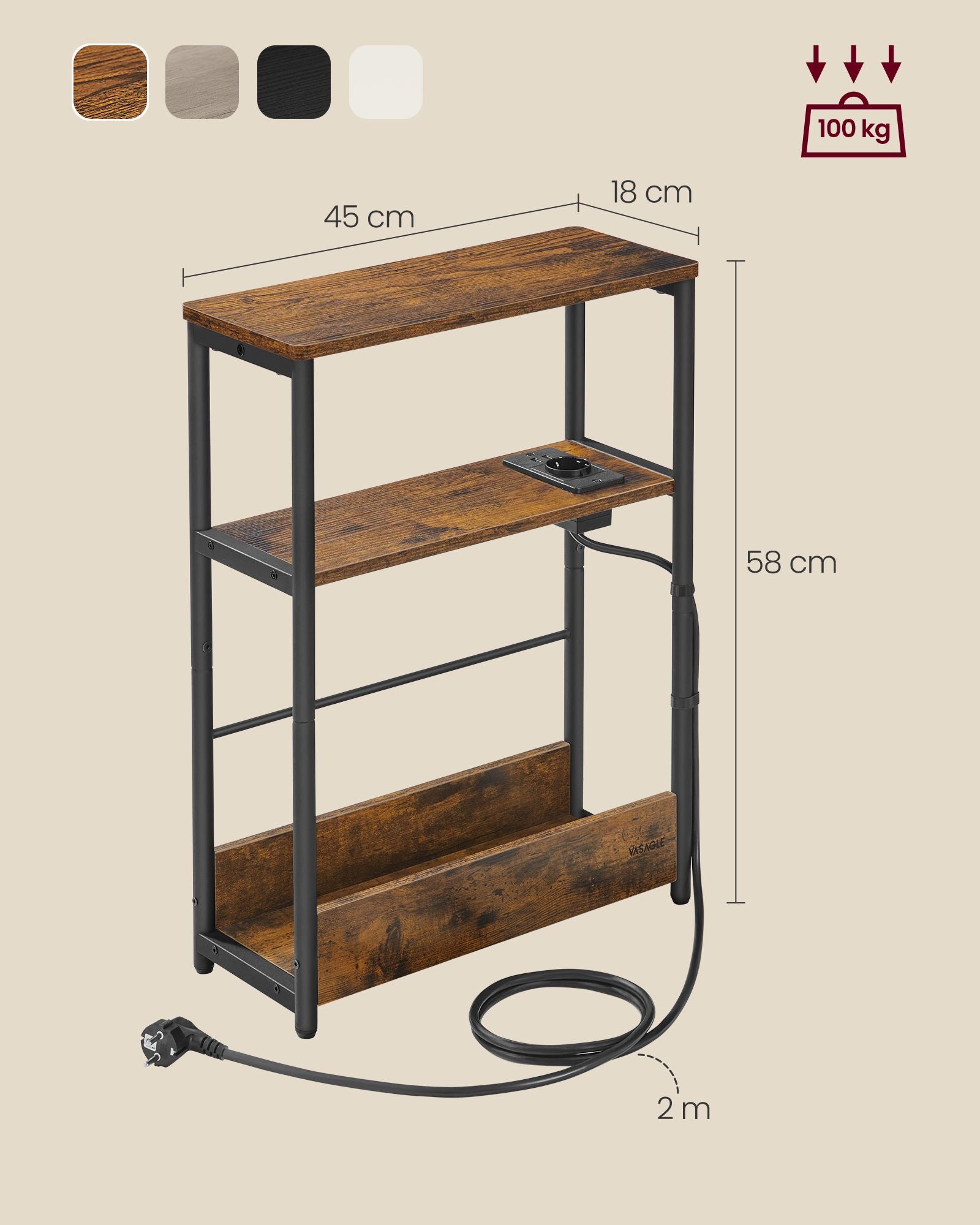 Bijzettafel – met 3 planken – smal – vintage bruin-inktzwart