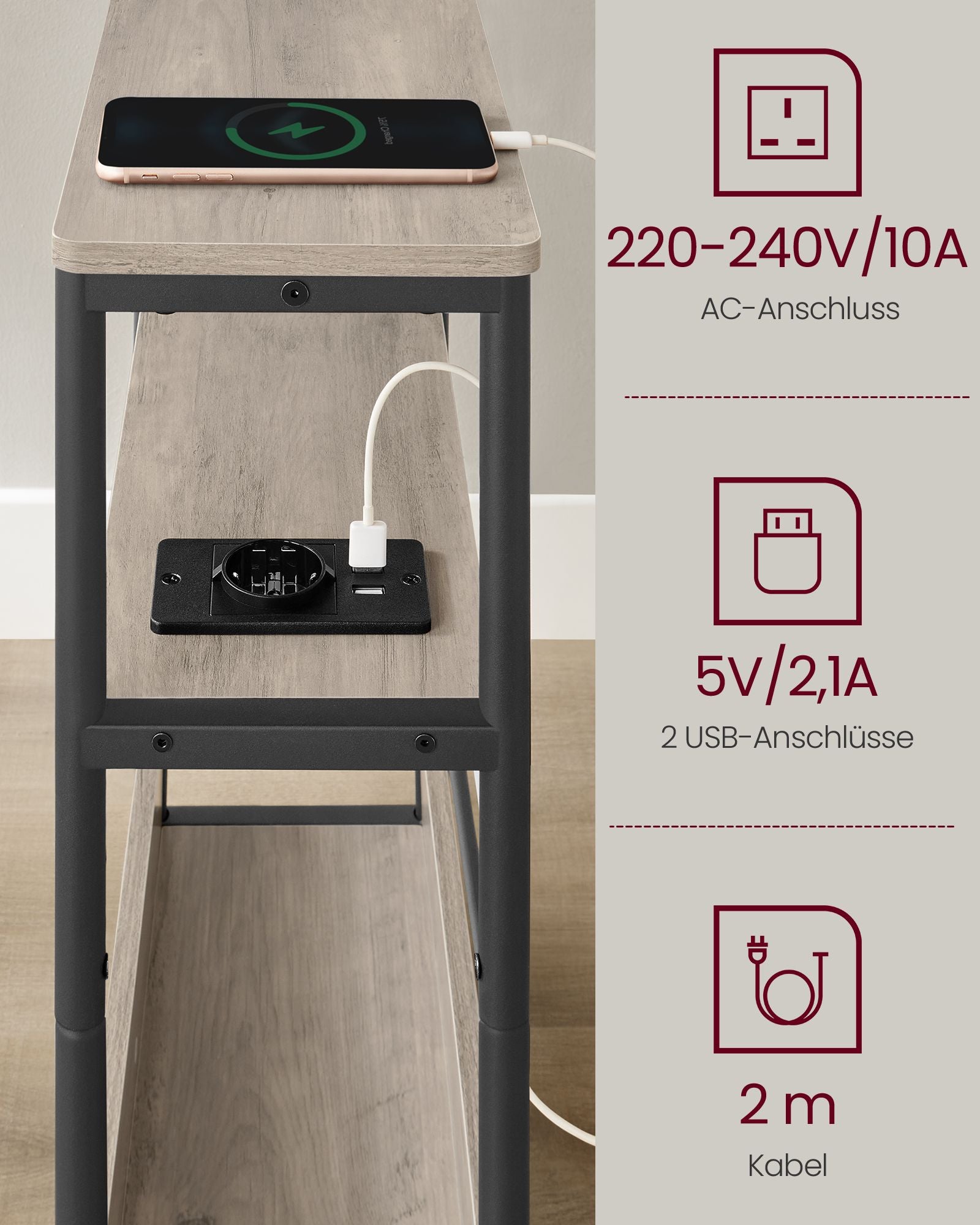 Bijzettafel – met 3 planken – smal – greige gevlekt-inktzwart
