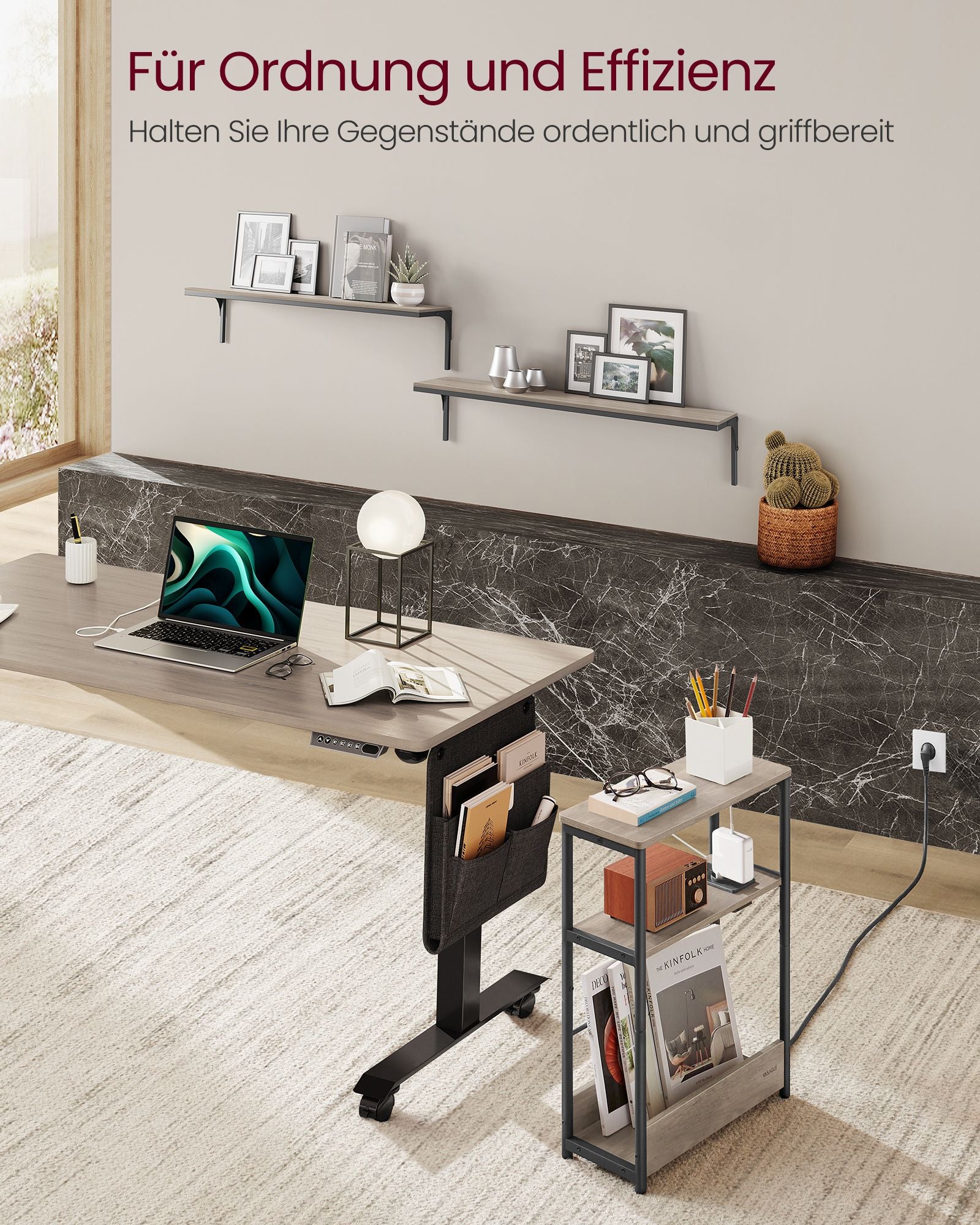 Bijzettafel – met 3 planken – smal – greige gevlekt-inktzwart
