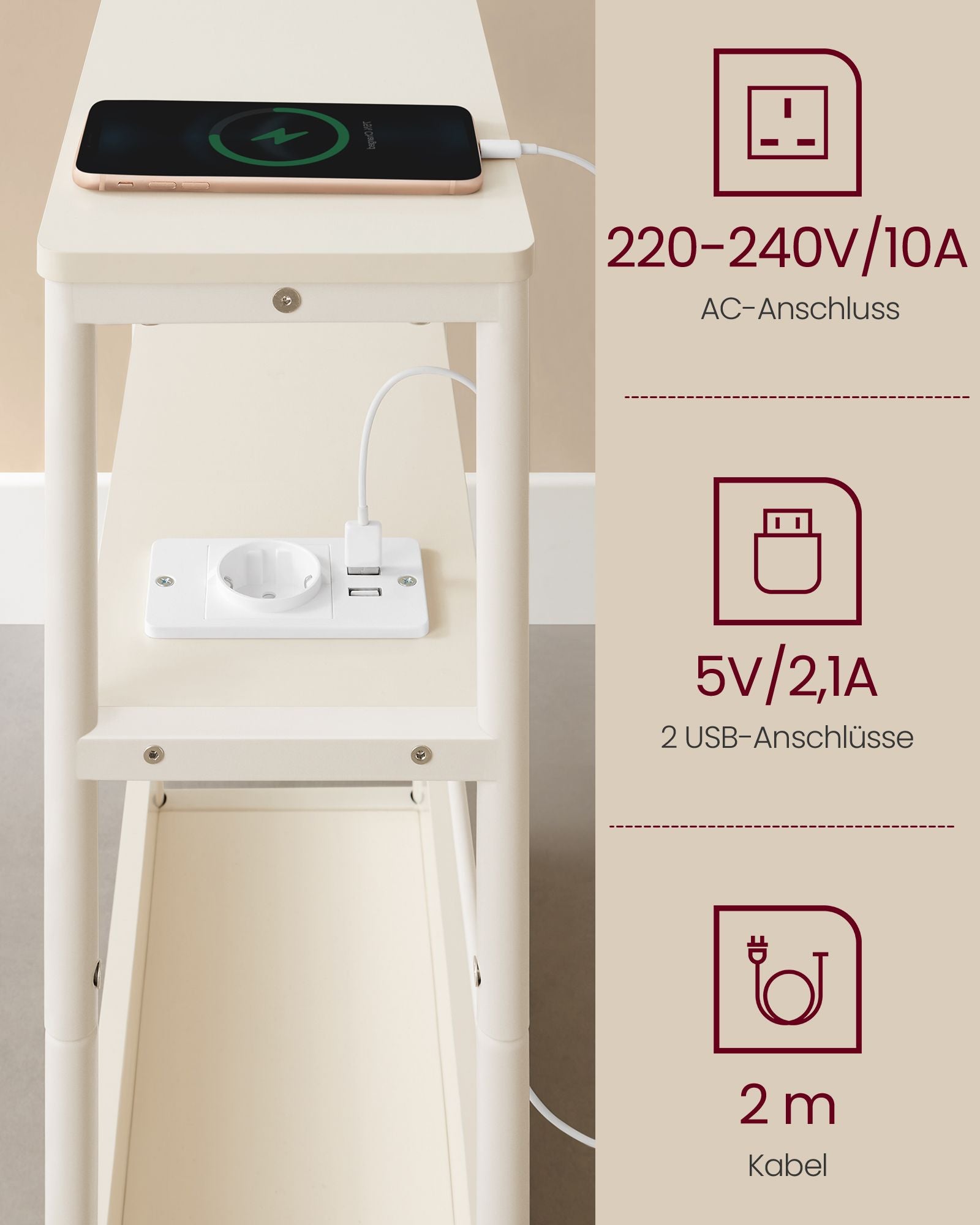 Bijzettafel – met 3 planken – smal – crèmewit
