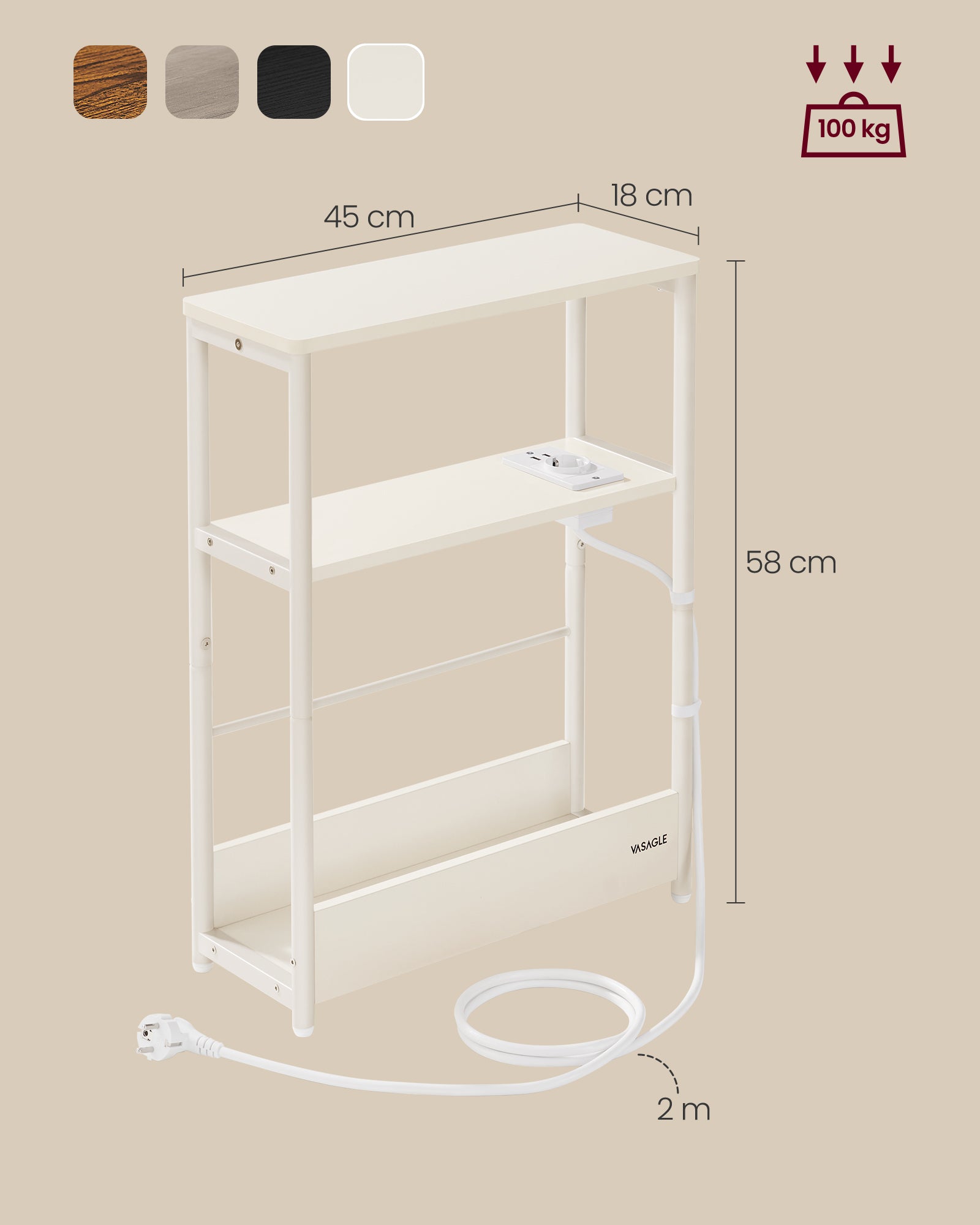 Bijzettafel – met 3 planken – smal – crèmewit