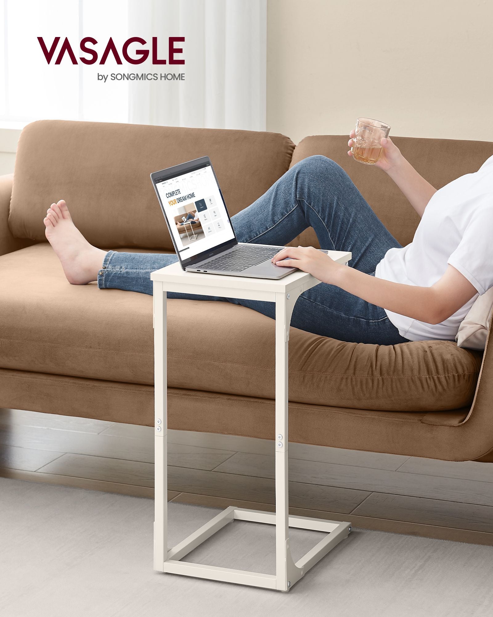 C-vormige bijzettafel – stevig metalen frame – crèmewit