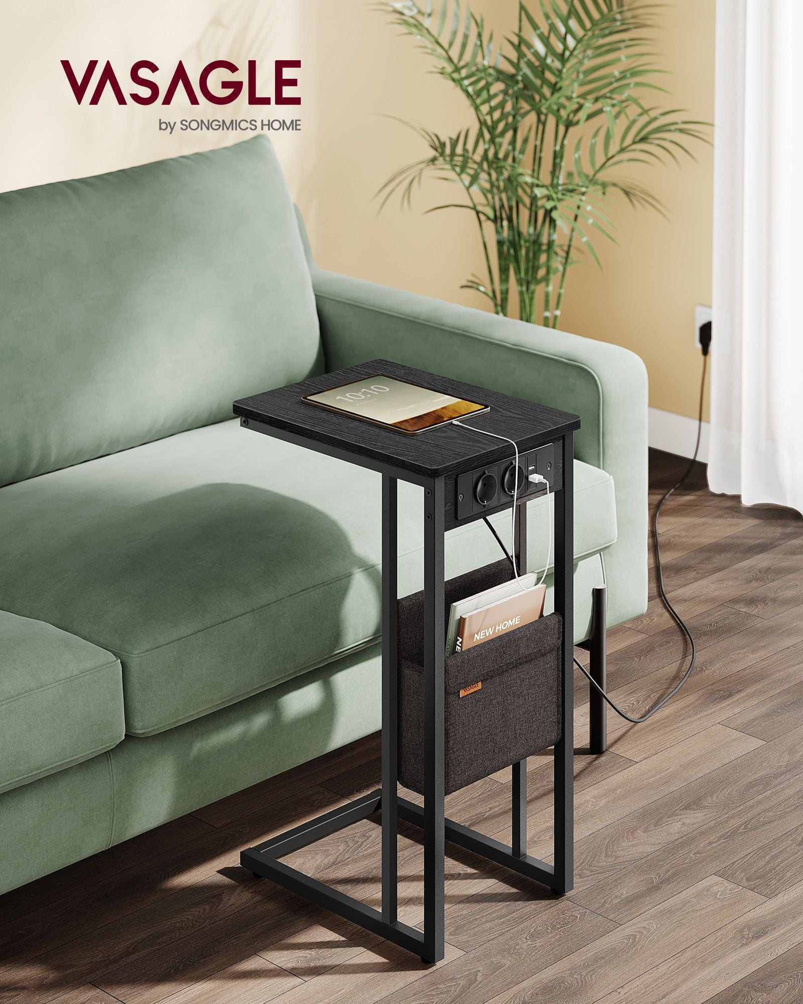 Bijzettafel C-vormig – Met 2× stopcontacten – 2× USB-poorten – Spaanplaat en staal