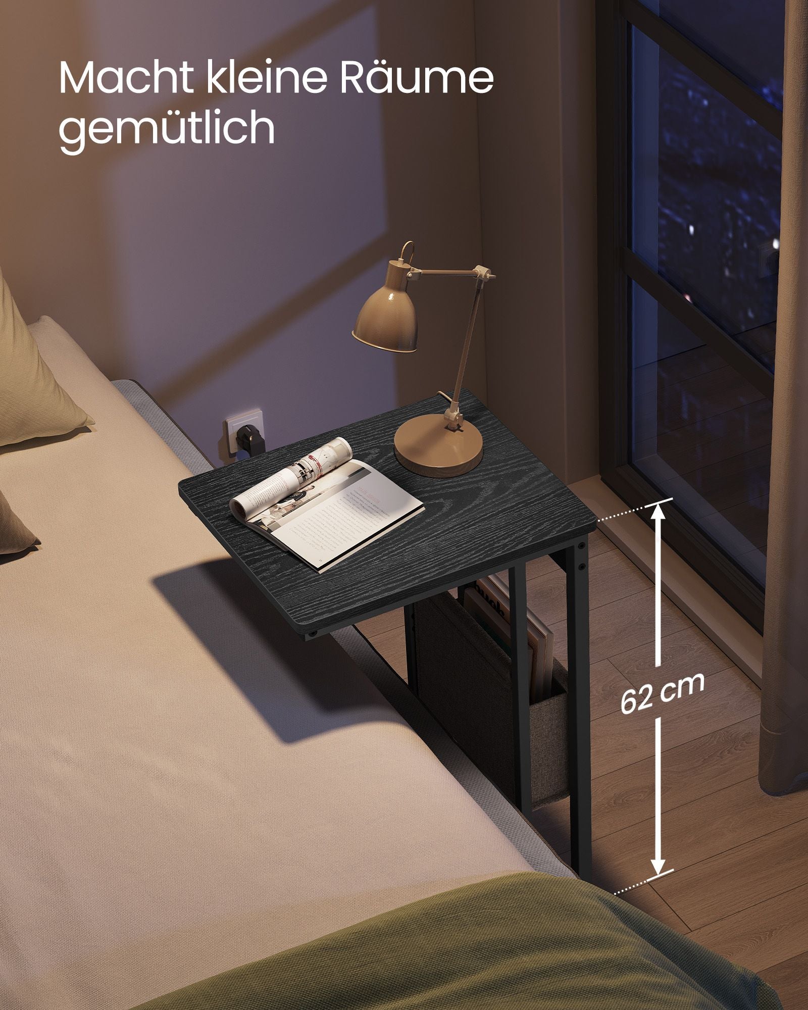 C-vormige bijzettafel met 2 stopcontacten zwart