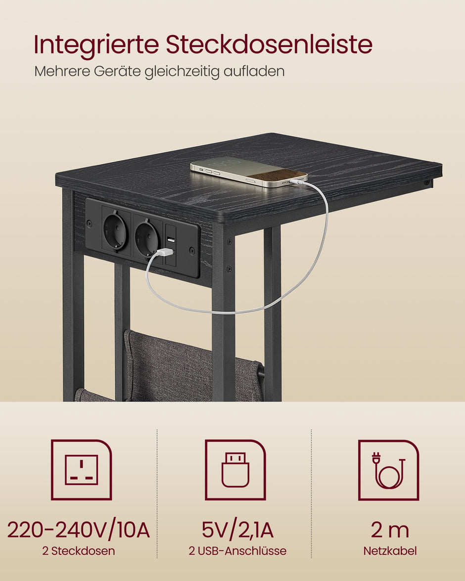 Bijzettafel C-vormig – Met 2× stopcontacten – 2× USB-poorten – Spaanplaat en staal