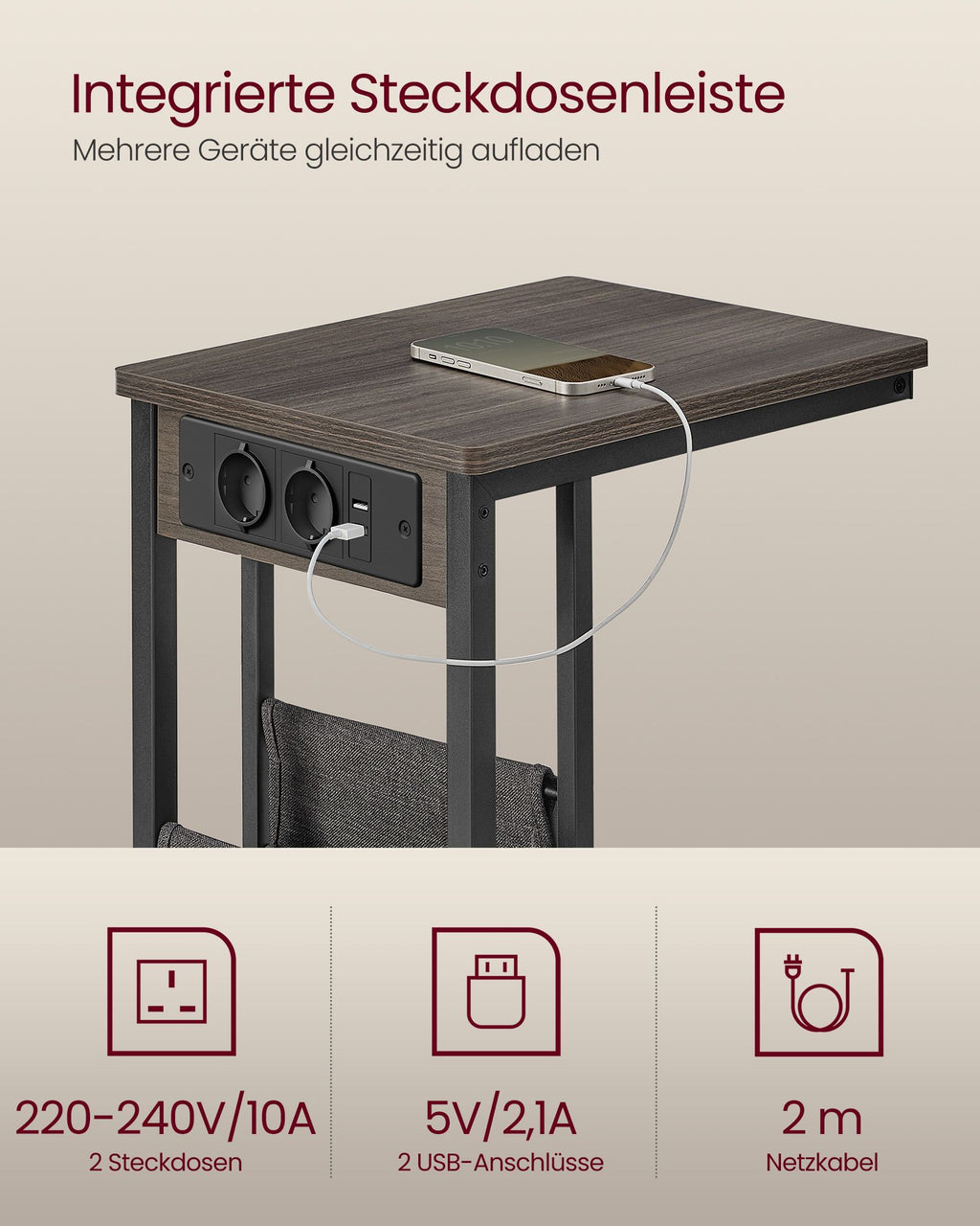 C-vormige bijzettafel – met 2 stopcontacten – asbruin