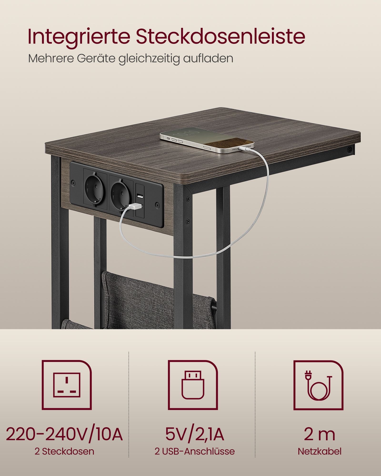 C-vormige bijzettafel – met 2 stopcontacten – asbruin