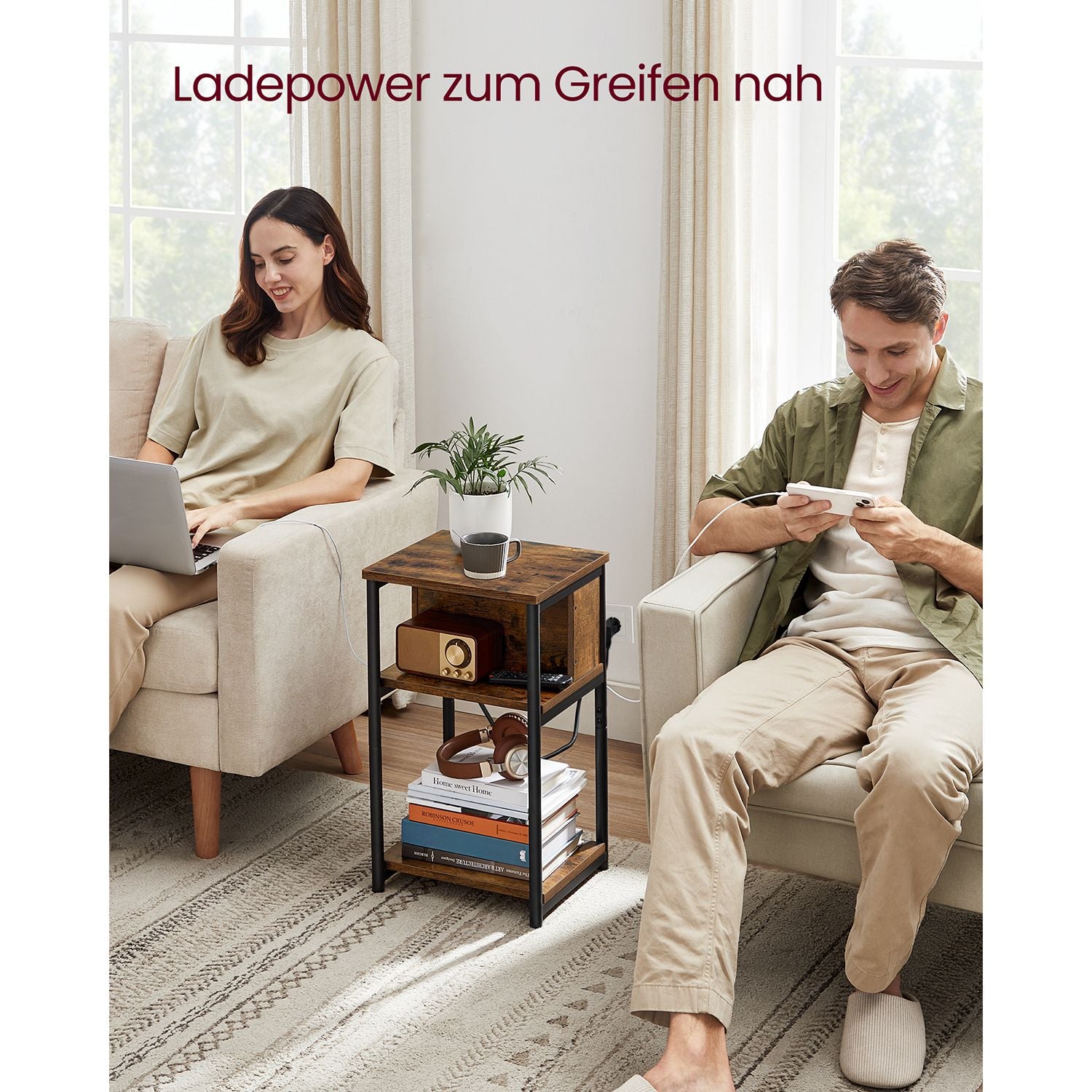 Nachtkastje met 2× USB en 2× stopcontact – 3 niveaus – Ruimtebesparend – Zwart