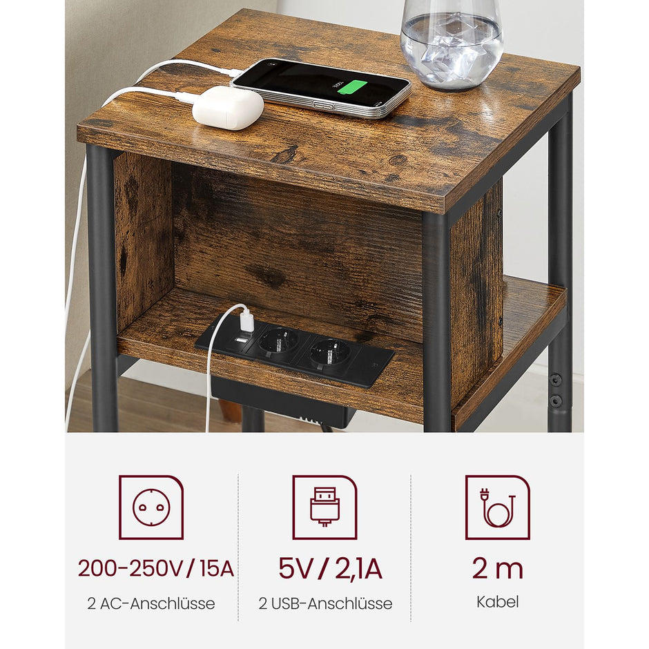 Nachtkastje met 2× USB en 2× stopcontact – 3 niveaus – Ruimtebesparend – Zwart