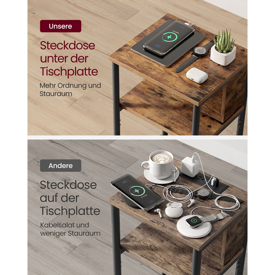 Nachtkastje met 2× USB en 2× stopcontact – 3 niveaus – Ruimtebesparend – Zwart