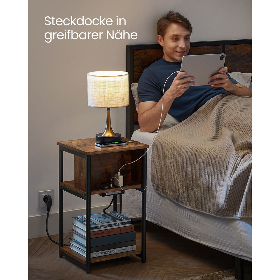 Nachtkastje met 2× USB en 2× stopcontact – 3 niveaus – Ruimtebesparend – Zwart