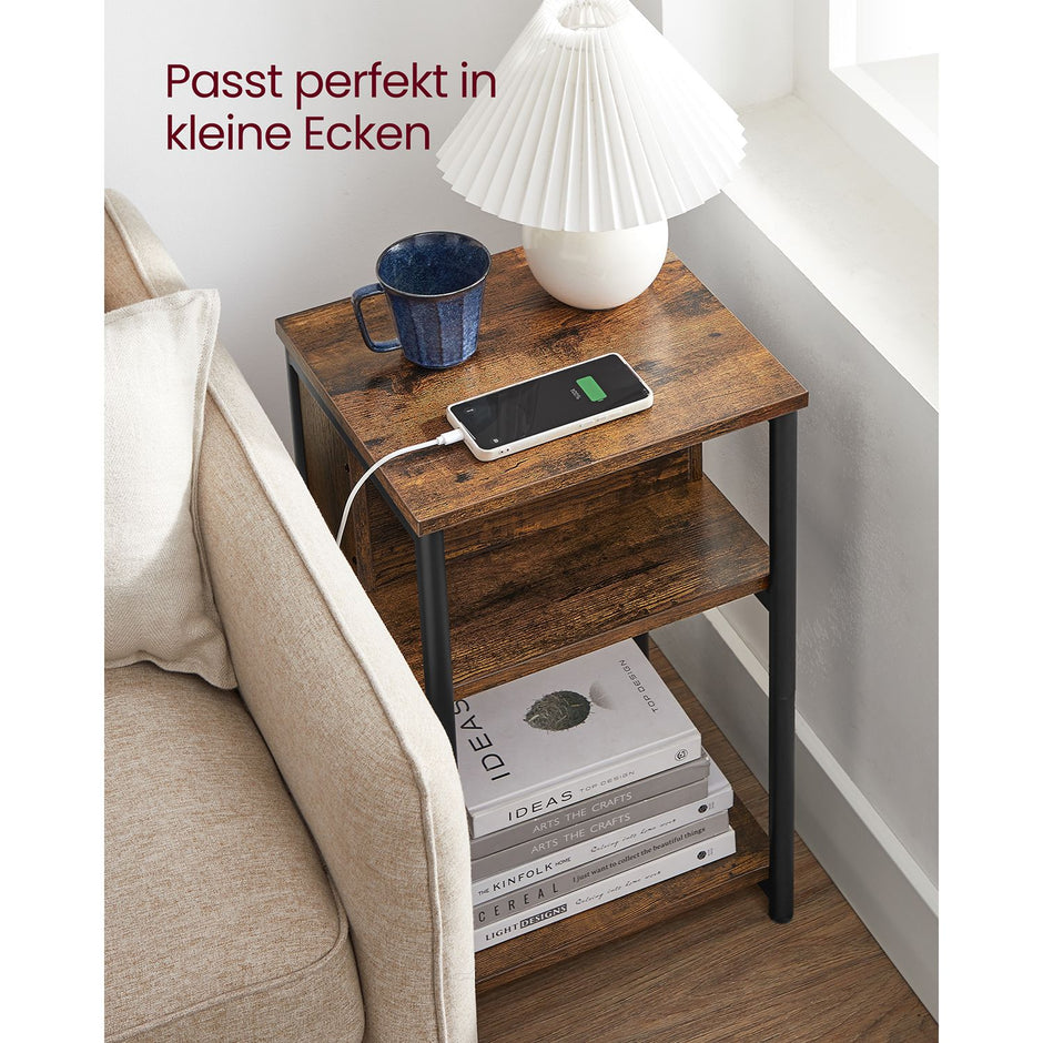 Nachtkastje met 2× USB en 2× stopcontact – 3 niveaus – Ruimtebesparend – Zwart