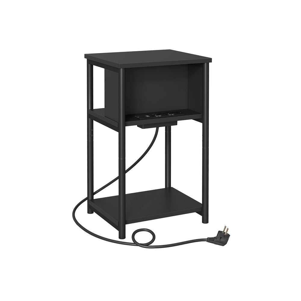 Nachtkastje met 2× USB en 2× stopcontact – 3 niveaus – Ruimtebesparend – Zwart