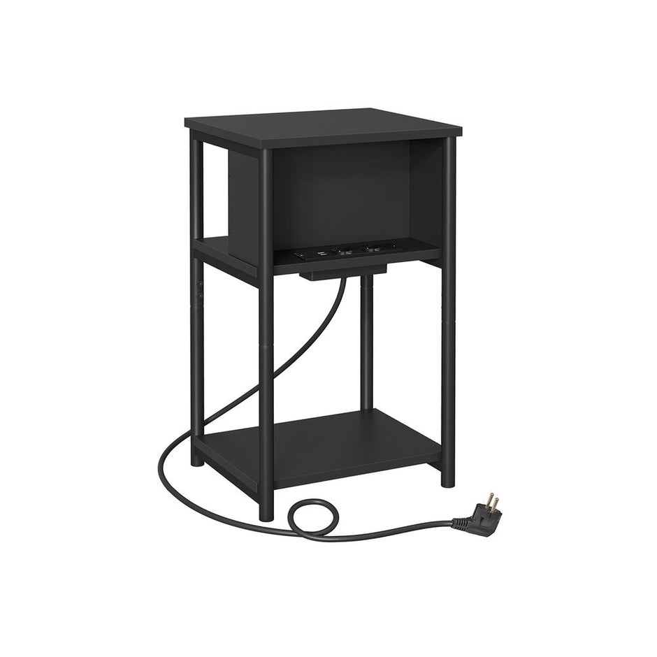 Nachtkastje met 2× USB en 2× stopcontact – 3 niveaus – Ruimtebesparend – Zwart
