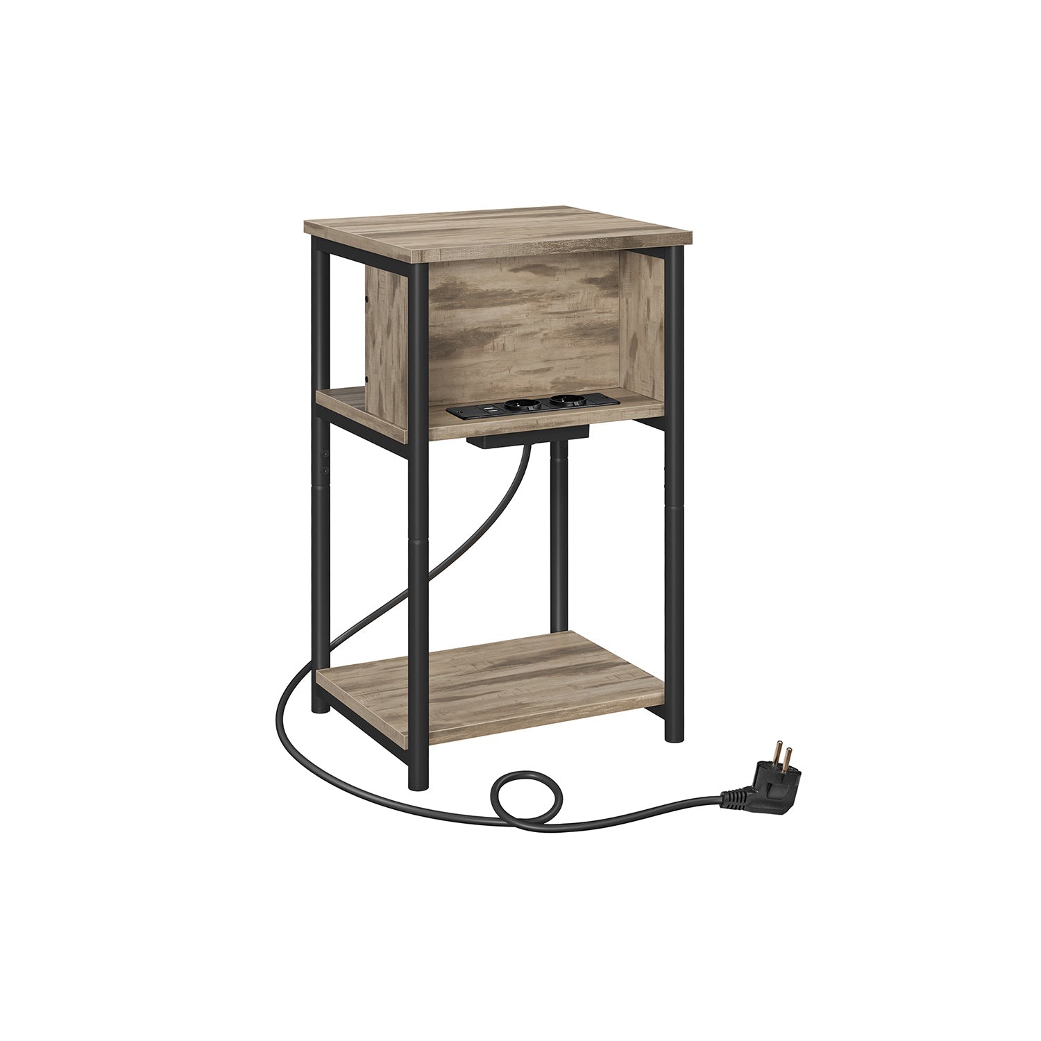 Nachtkastje met 2× USB en 2× stopcontact – 3 niveaus – Ruimtebesparend – Zwart