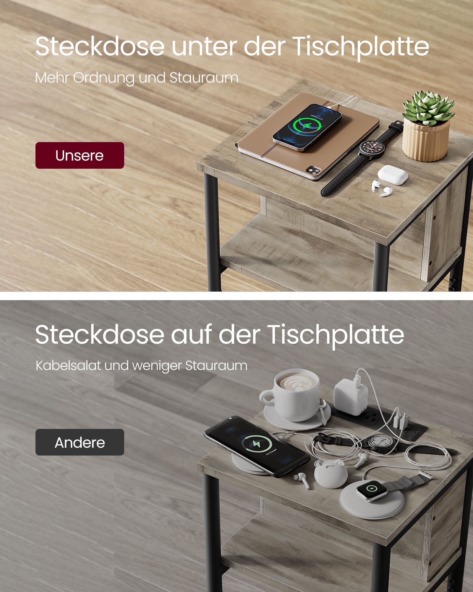 Bijzettafel met stopcontact – hazelnootbruin-zwart