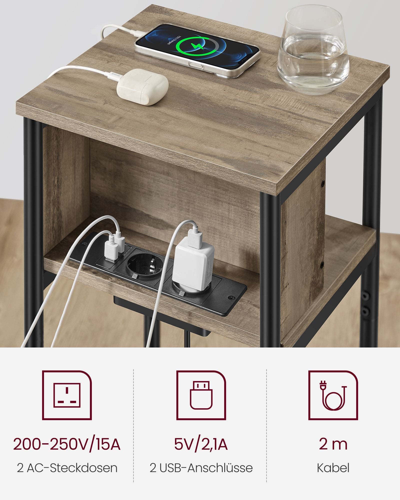 Bijzettafel met stopcontact – hazelnootbruin-zwart
