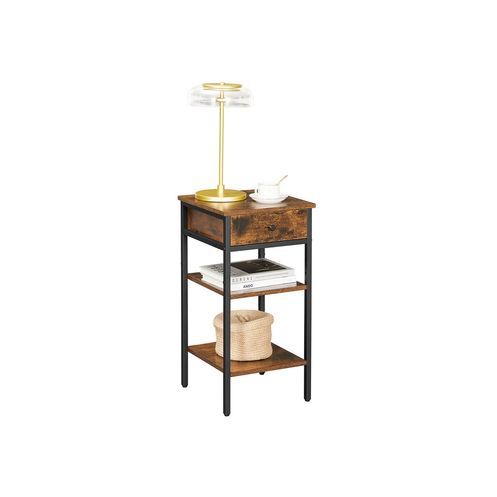 Nachtkastje - Bijzettafel - Met lade en 2 planken - 35 x 35 x 70 cm - Vintage bruin/zwart