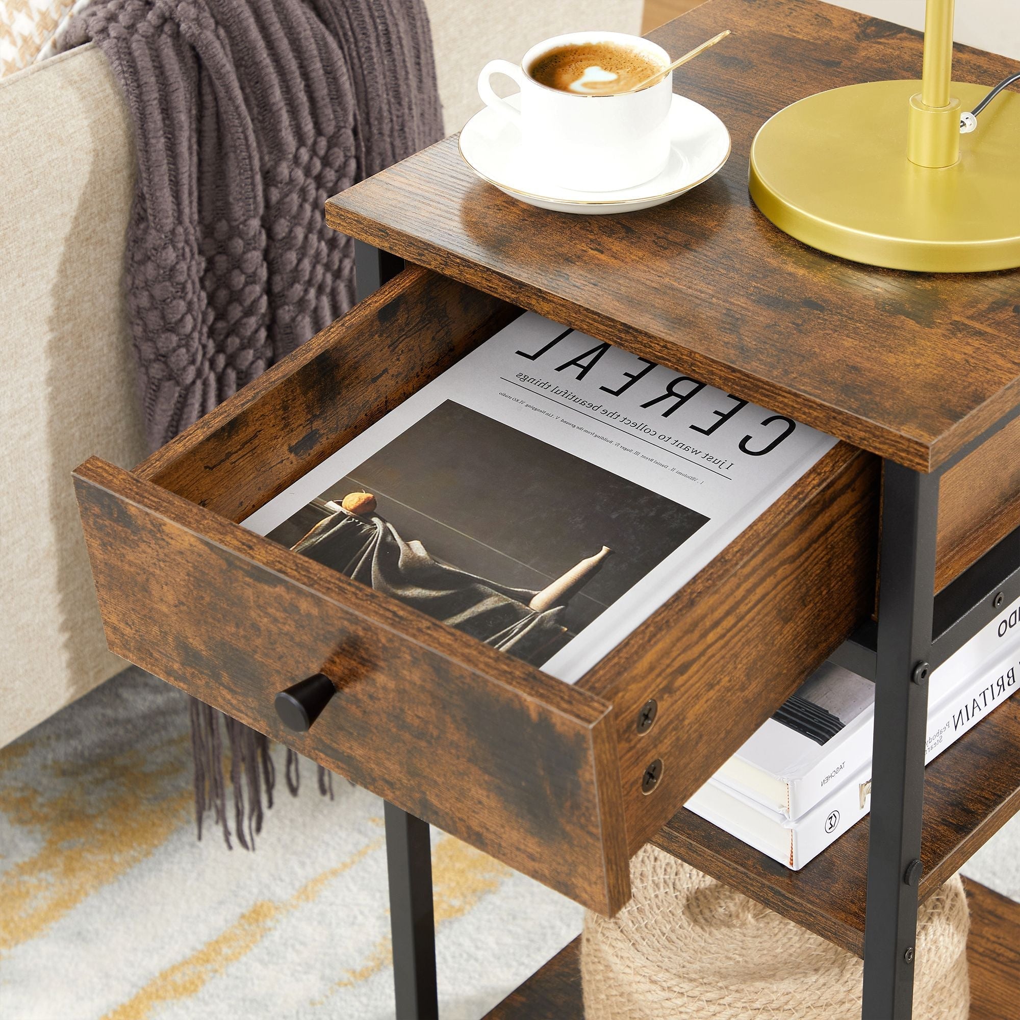 Nachtkastje - Bijzettafel - Met lade en 2 planken - 35 x 35 x 70 cm - Vintage bruin/zwart