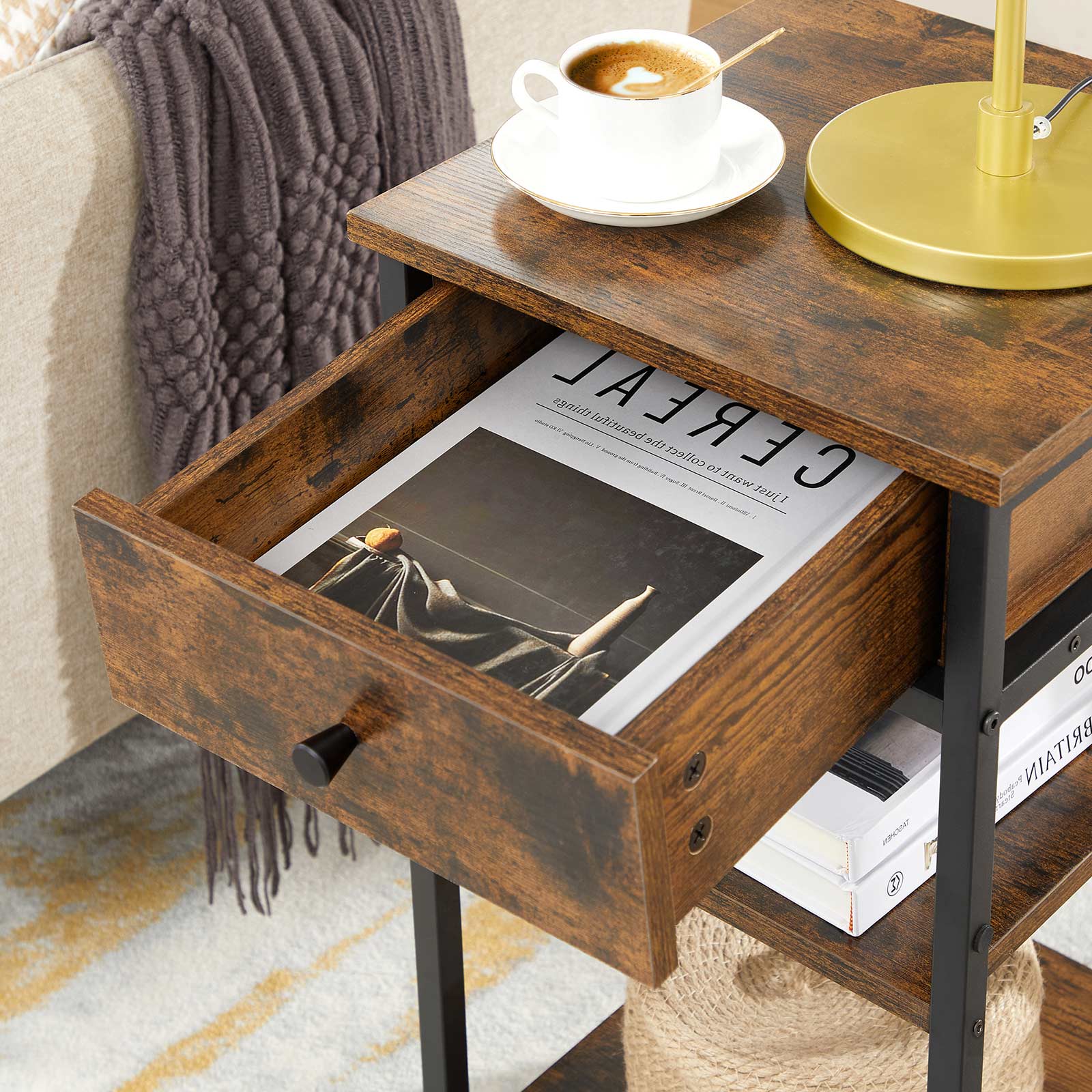 Nachtkastje met lade en 2 planken – Vintage bruin/zwart – Compact formaat