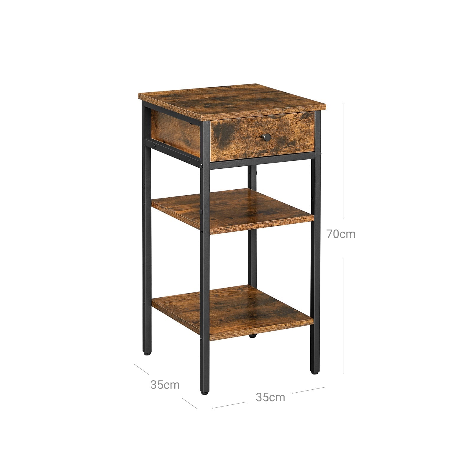 Nachtkastje - Bijzettafel - Met lade en 2 planken - 35 x 35 x 70 cm - Vintage bruin/zwart