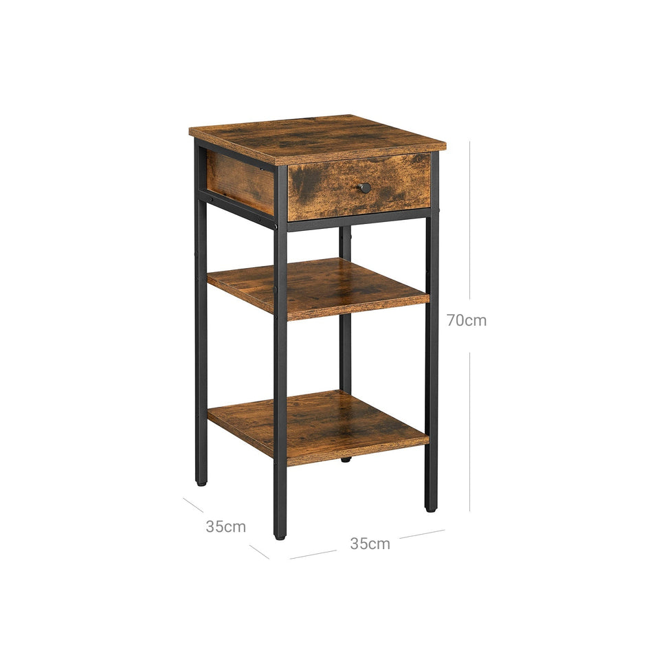 Nachtkastje met lade en 2 planken – Vintage bruin/zwart – Compact formaat