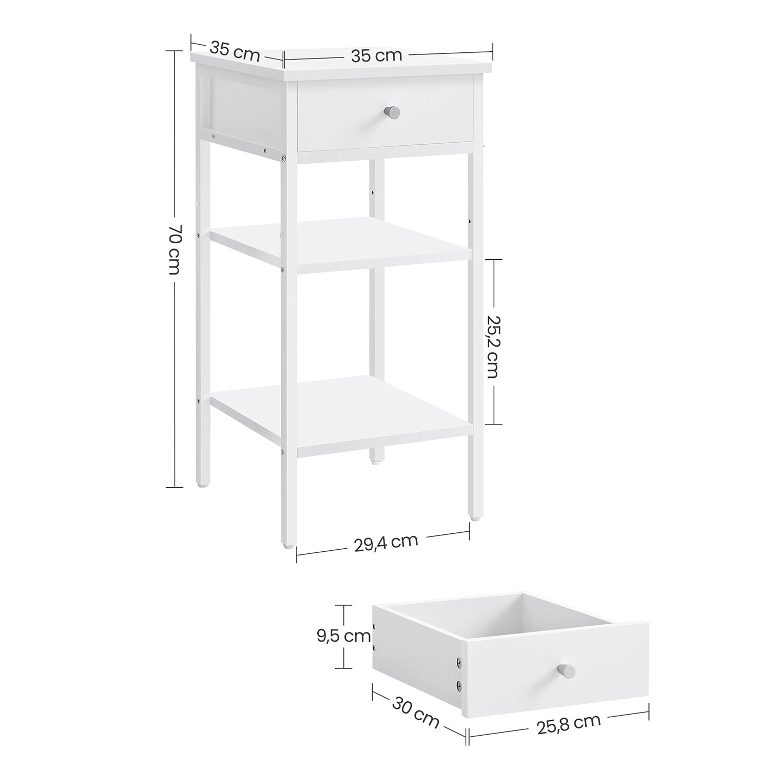 Bijzettafel - Bijzetkast - Met lade - 2 planken - Wit