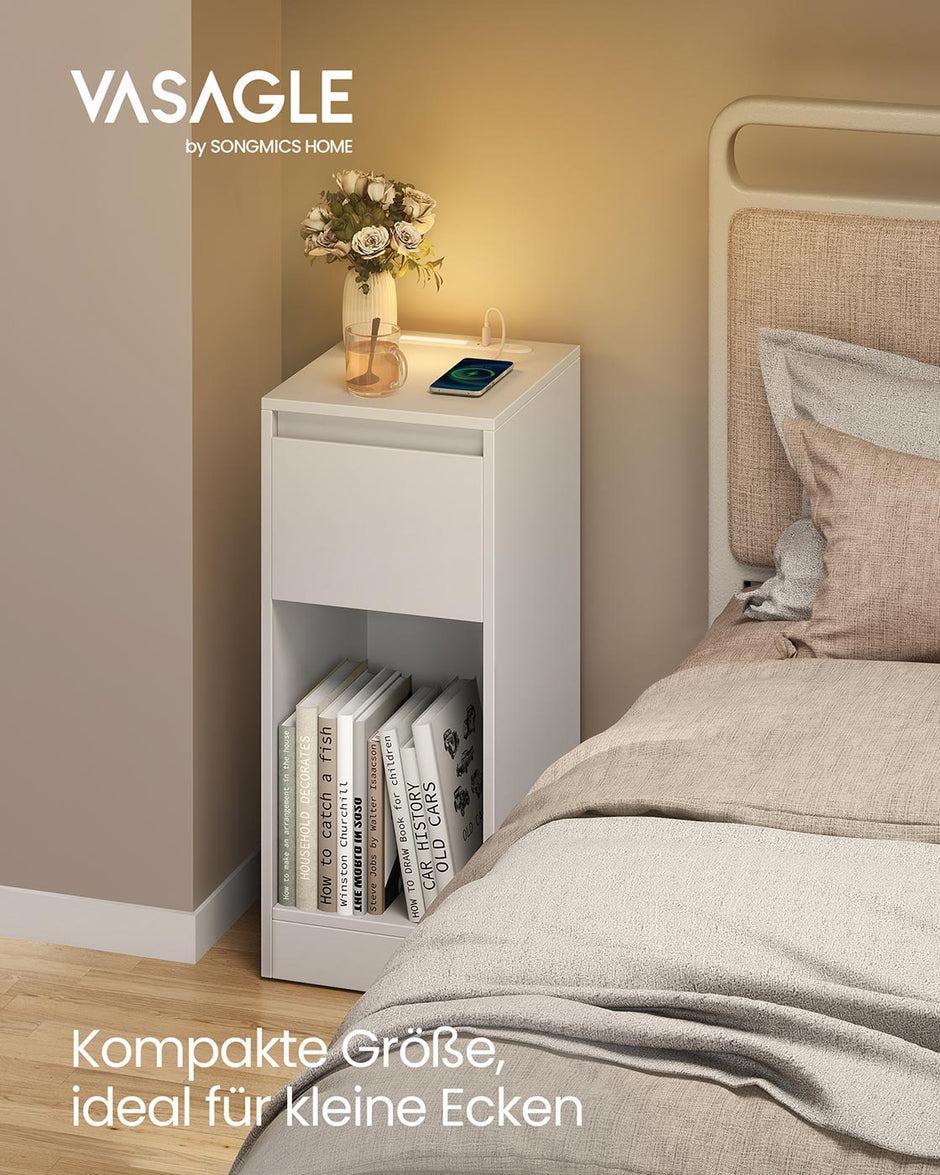 Nachtkastje met LED-verlichting – Cloud White – 30 x 25 x 59,5 - Met  2× USB-A en USB-C poorten – Cloud White