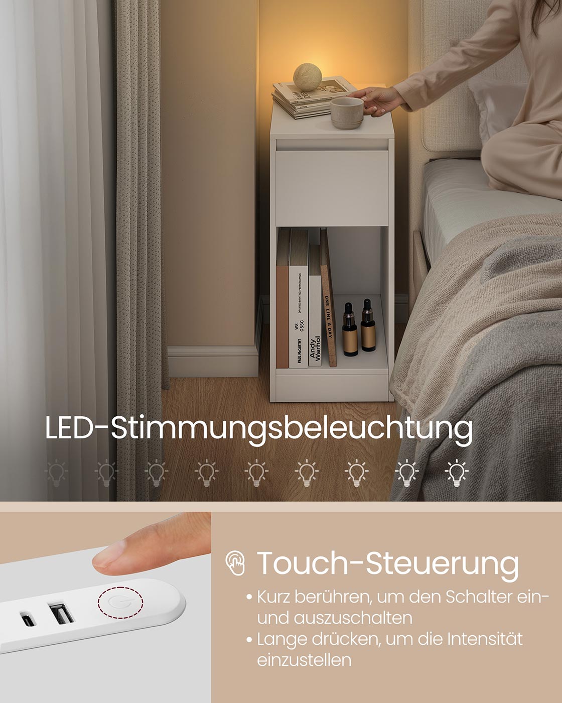 Nachtkastje met ledverlichting en USB-poorten - Cloud White