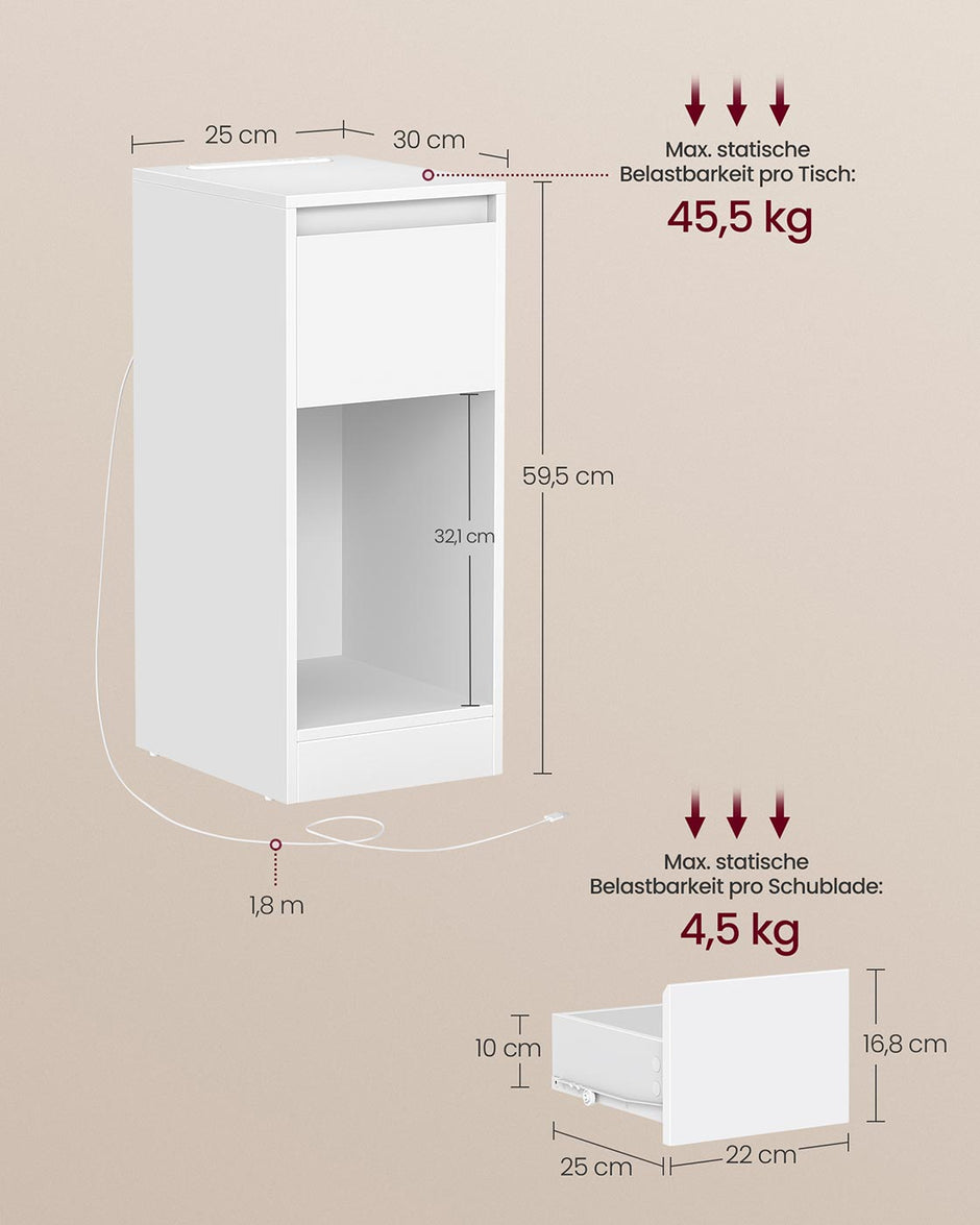 Nachtkastje met LED-verlichting – Cloud White – 30 x 25 x 59,5 - Met  2× USB-A en USB-C poorten – Cloud White