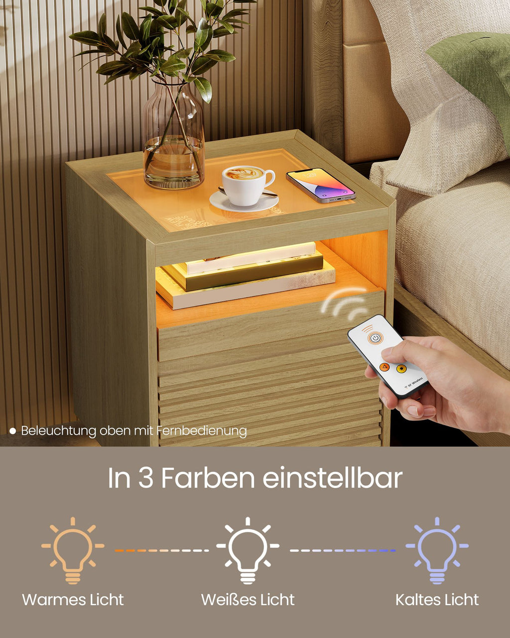 Nachtkastje – met LED-verlichting & uittrekbaar plankje
